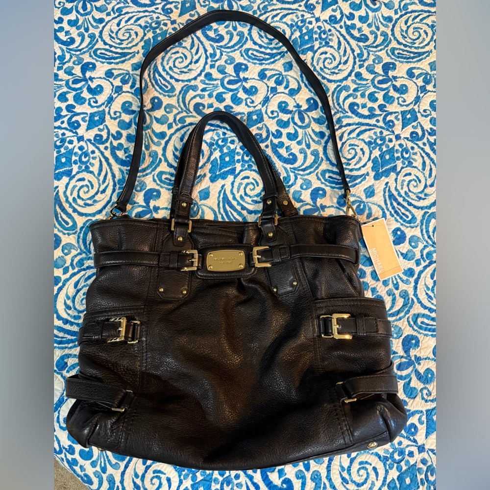 Y2K $498 Michael Kors Gansevoort genuine leather tote big shoulder purse black